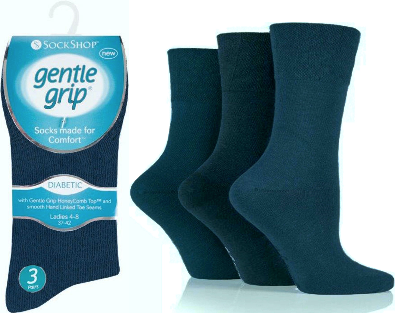 thumbnail image 2 of Ladies Diabetic Seamless Toe Socks – Gentle Grip, Honeycomb Top, Non-Elastic, 3-Pack Blue 2 of 5